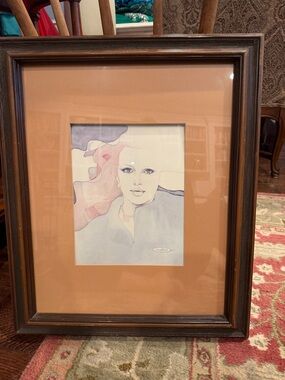 Framed signed 1980s Watercolor Portrait Art Print in Peach and Lavender